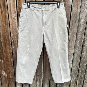 Carhartt 36 Dungaree Fit Khaki Gray USA Vintage Leather Logo Patch Mens Pants